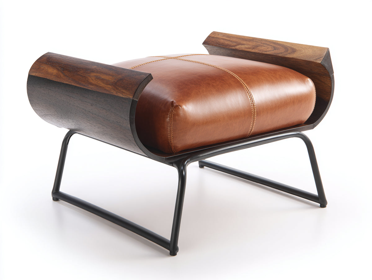 Pedale in pelle e legno 65×52×44 cm – cognac marrone scuro e nero – base a slitta per soggiorno