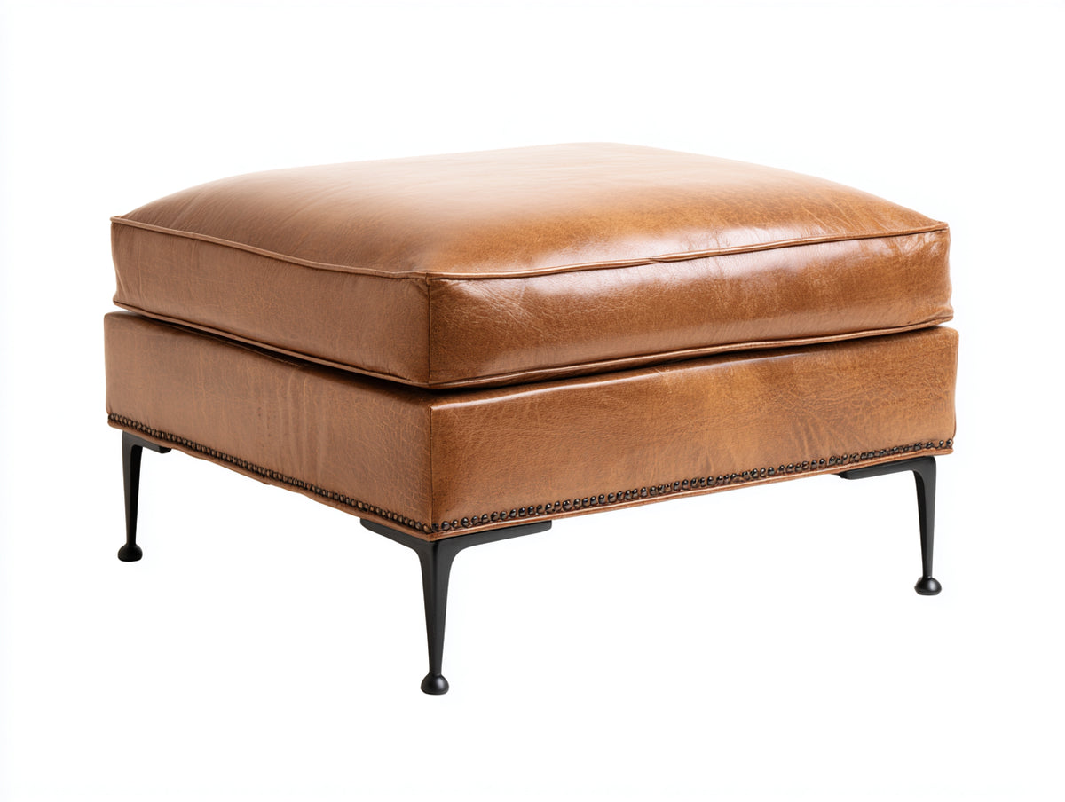 Pedale imbottito in pelle 72×58×48 cm – cognac e nero – borchie decorative con gambe in metallo per soggiorno