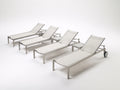 Set Poltrona Reclinabile in metallo e textilene 198×64×98 cm – bianco avorio e argento – 4 lettini con 3 tavolini per terrazza