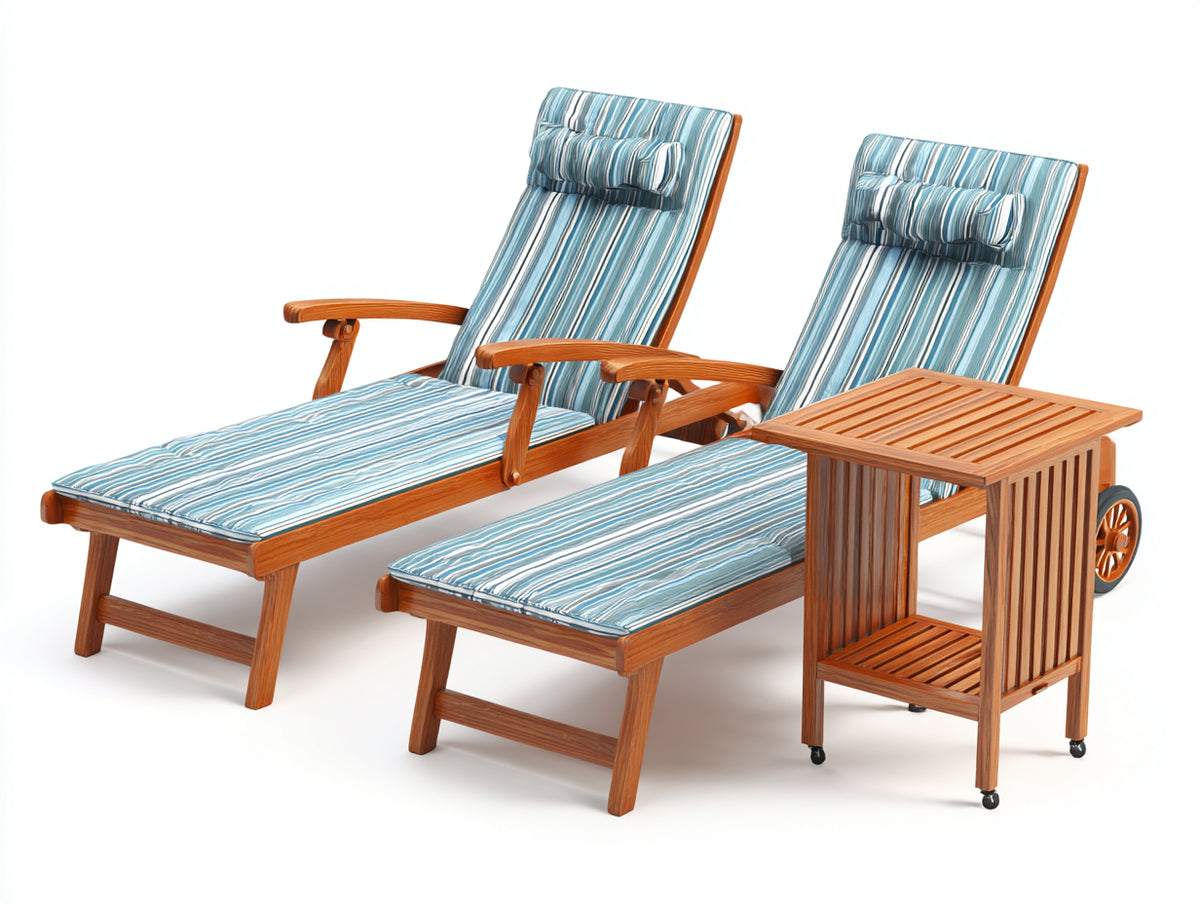 Set di 2 poltrone reclinabili da terrazza 198x70x100 cm - legno caldo e azzurro - con tavolino a listelli e ruote