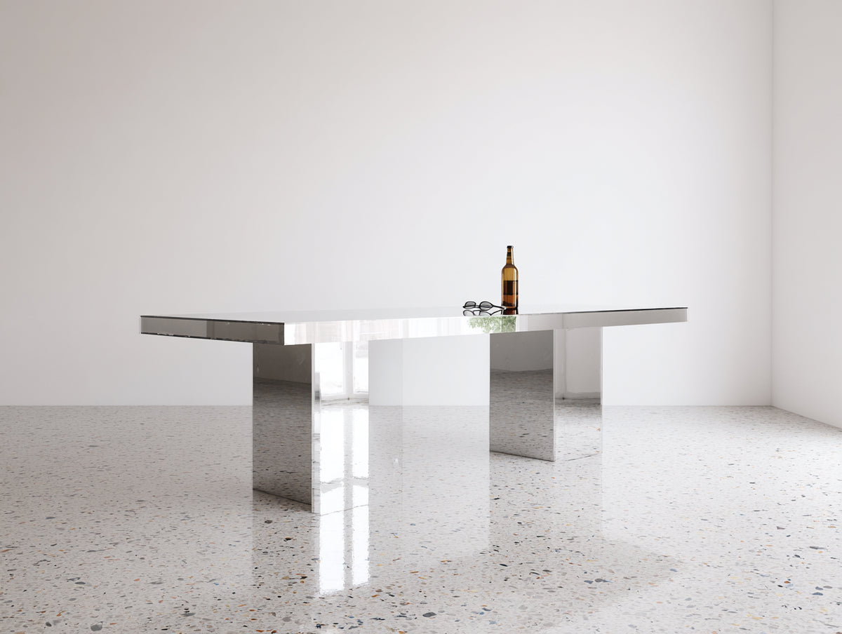 Console rettangolare in acciaio inox 180×45×78 cm – argento specchiato – base a pannelli per soggiorno