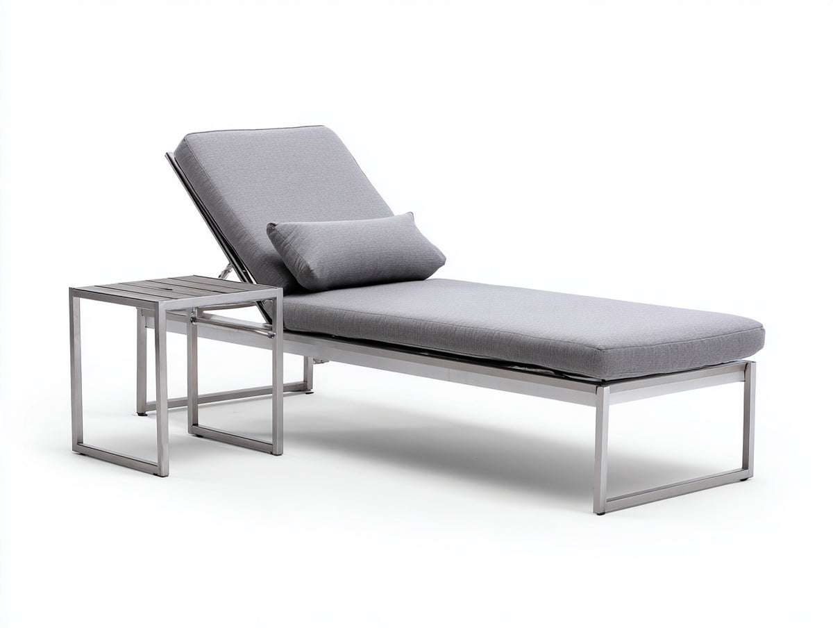 Poltrona Reclinabile in alluminio 200×70×96 cm – grigio chiaro e argento – senza braccioli con tavolino per terrazza