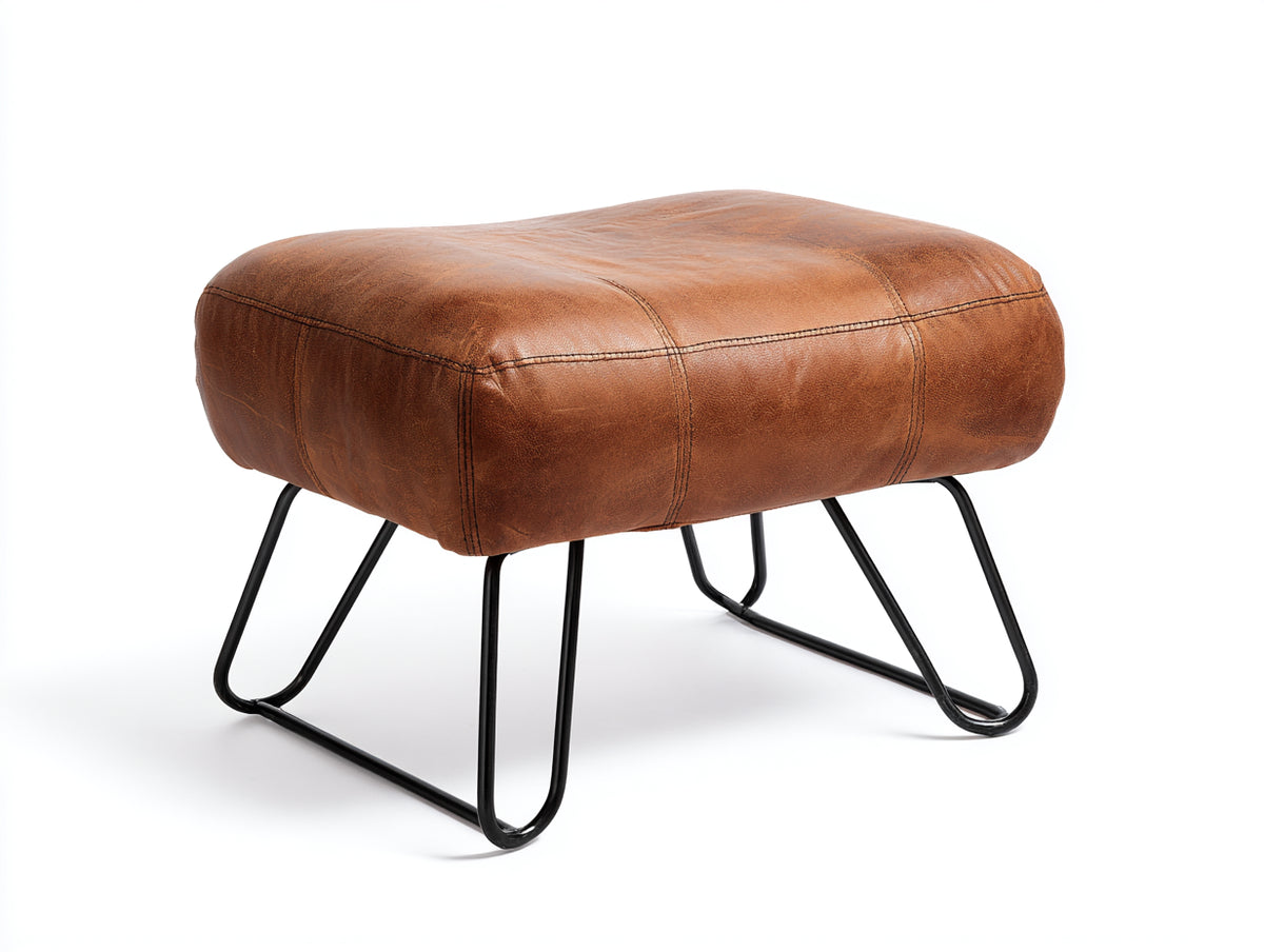 Pedale imbottito in pelle 58×45×42 cm - marrone cognac/nero - base a slitta per Soggiorno